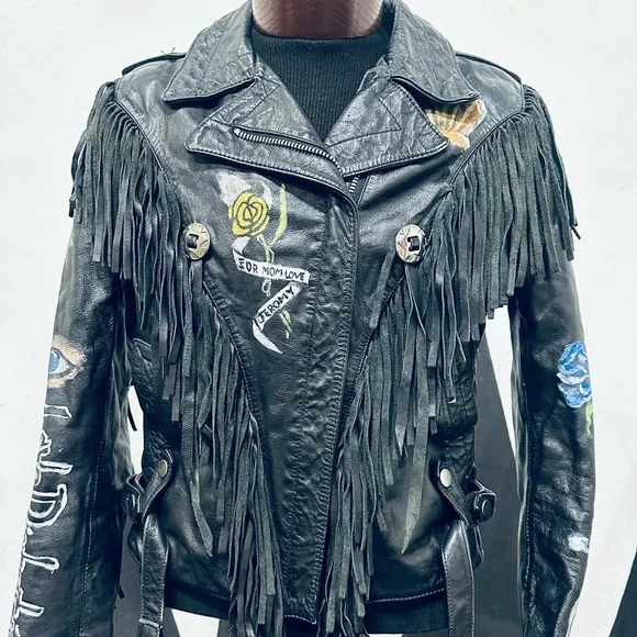 Guns ‘n Roses, One of a Kind, Hand Painted Vintage Black Leather Fringe Jacket